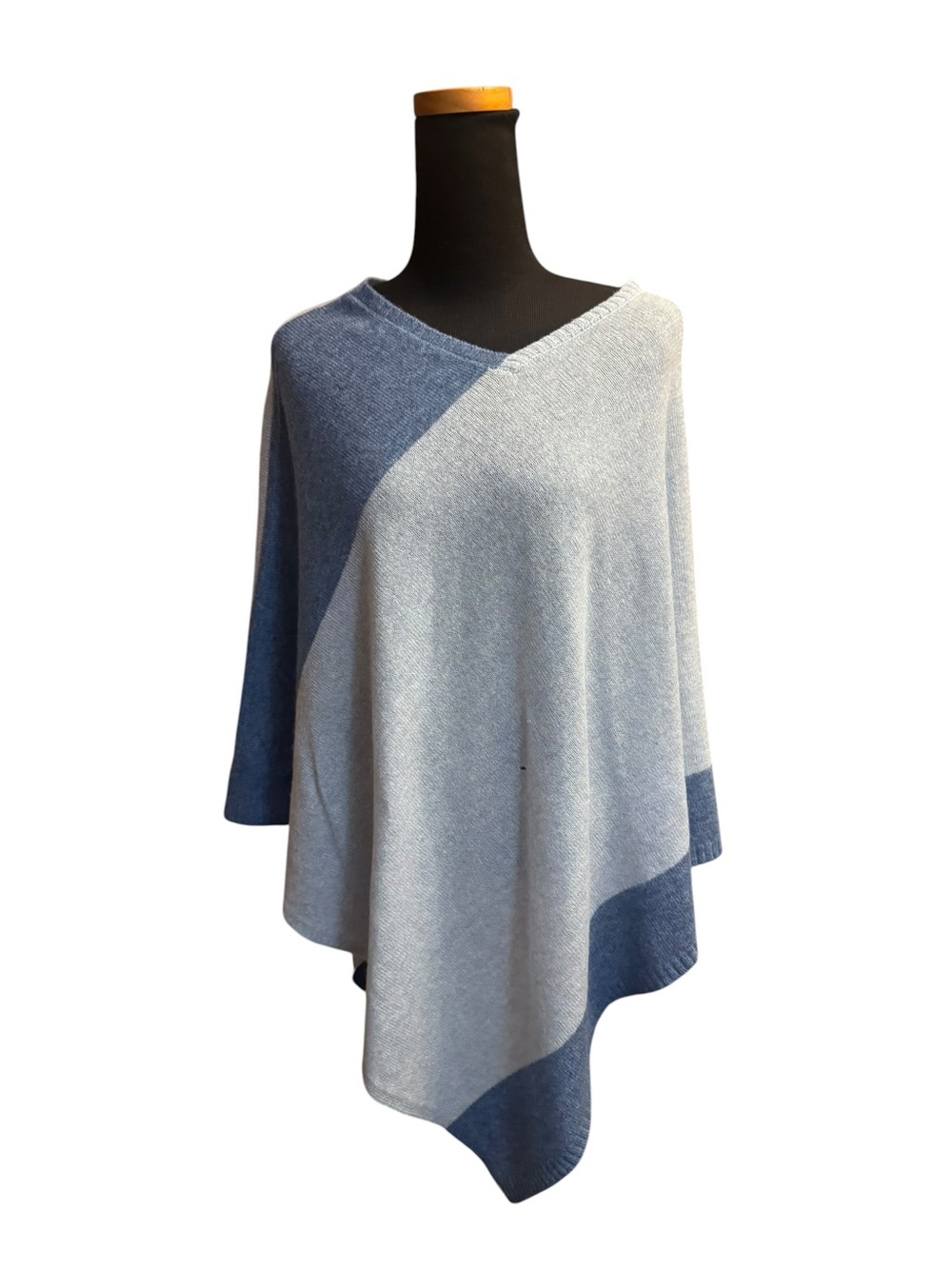 BERYLL 100% Cashmere Colorblock Poncho Wrap Blue Gray Layers Quiet Luxury OS